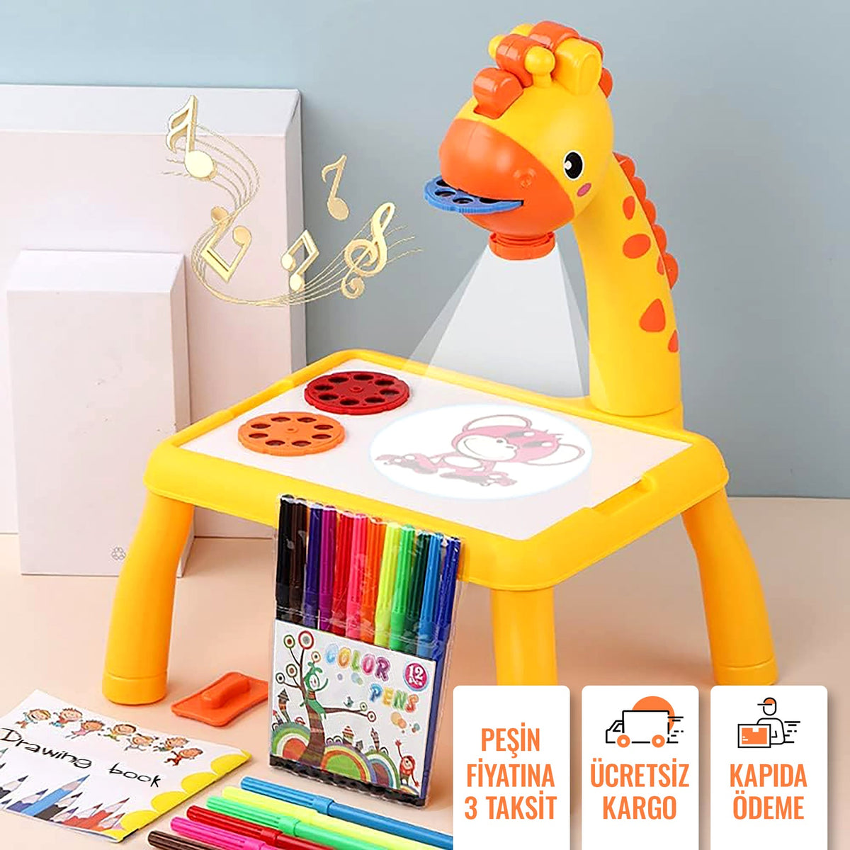 Projeksiyonlu Mini Zürafa Çizim Seti 12 Adet Boyama Kalemi Hediye!